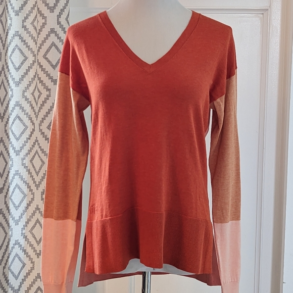 Lacoste Womens Sweater Size S/38 Salmon Orange Deep V-Neck Colorblock Cotton - Picture 1 of 9